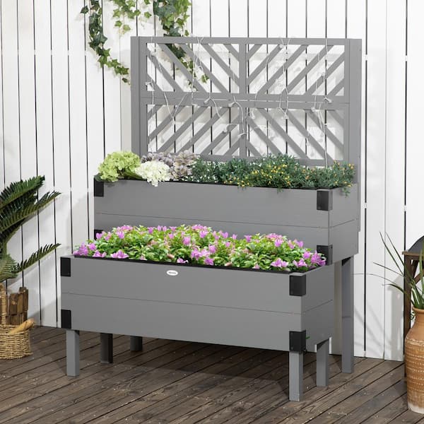 2-Tier Raised Garden Bed with Trellis, Wooden Elevated Planter Box