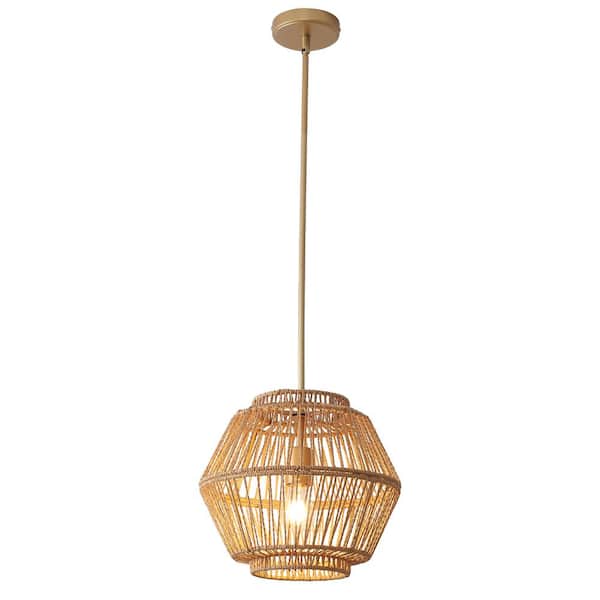 1-Light Gold Drum Hanging Pendant Light with Brown Paper Rattan Shaded for Kitchen Island
