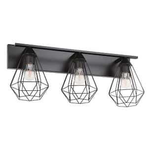 Tarbes 25 in. W x 10.95 in. H 3-Light Matte Black Bathroom Vanity Light with Open Frame Geometric Shades