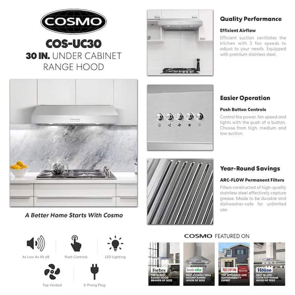 Cosmo COS-30IRHP 30 in. Insert Range Hood with Push Button Controls, 3-Speed Fan, LED Lights and Permanent Filters in Stainless Steel