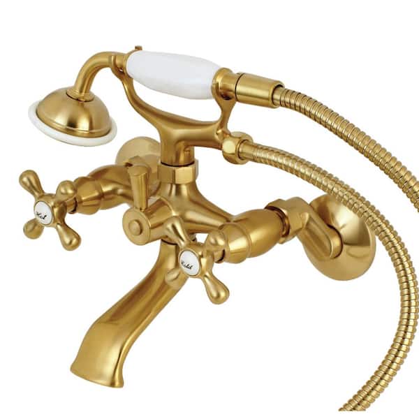 Tub Wall-Mount Adjustable Centers 3-Handle Claw Foot Tub Faucet with Handshower in Brushed Brass