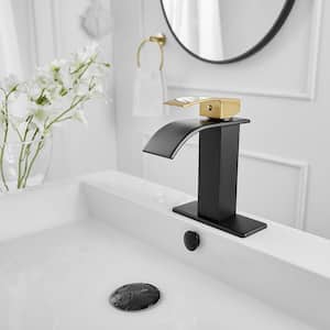 Waterfall Single Handle Single Hole Low-Arc Bathroom Faucet Bathroom Drip-Free Vanity Sink Faucet in Matte Black & Gold