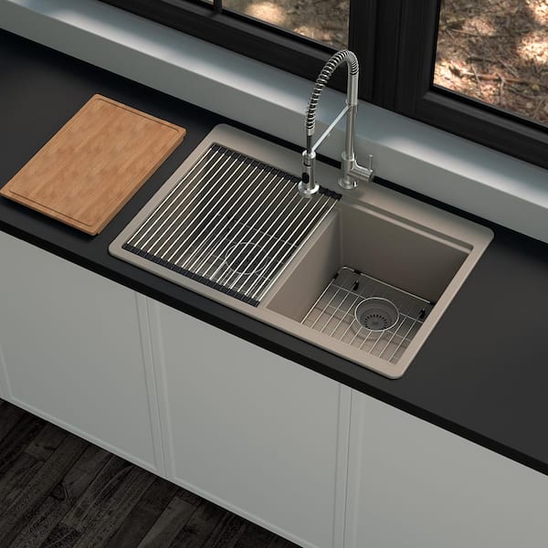 Stonehaven 33 in. Drop-In 50/50 Double Bowl Taupe Ice Granite Composite Workstation Kitchen Sink with Taupe Strainer