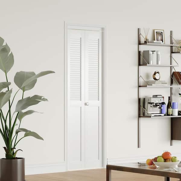 24 in. W. x 80 in. Solid Core, MDF Wood, White, PVC Covering, Half Louver Half Panel MDF Bi-fold Door with Hardware Kits