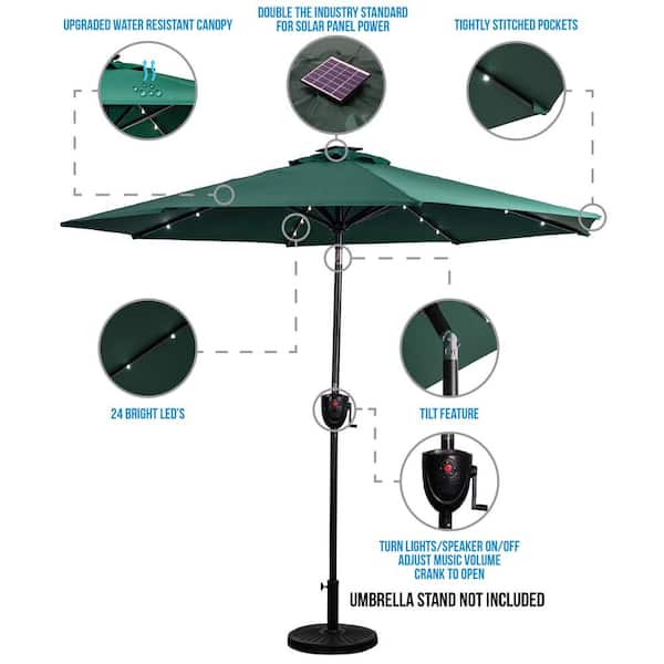 Sunray 9 Ft Market Round Bluetooth Speaker Solar Lighted Patio Umbrella With Olefin Canopy In Hunter Green 841043 The Home Depot - How To Make A Patio Umbrella Canopy