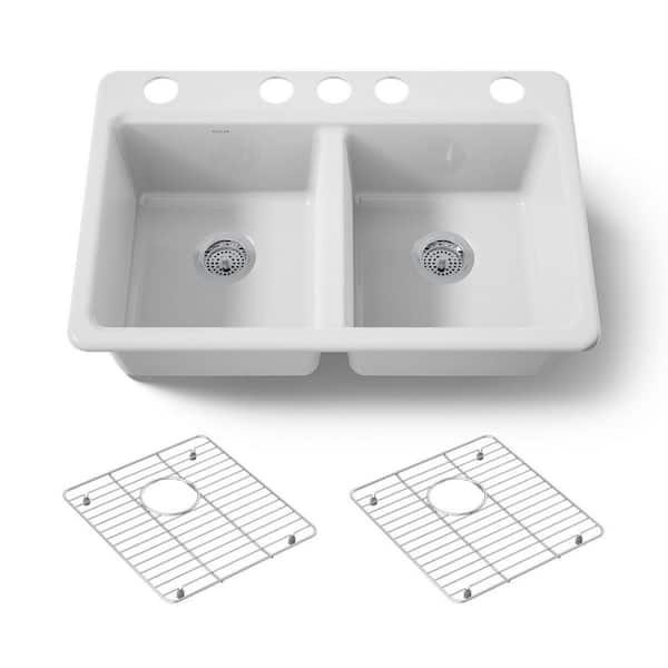 Riverby 33 in. Undermount 50/50 Double Bowl White Cast Iron Kitchen Sink with Basin Rack