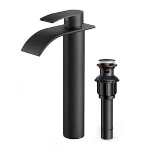Single-Handle Single Hole Waterfall Bathroom Faucet with Pop-up Drain in Matte Black