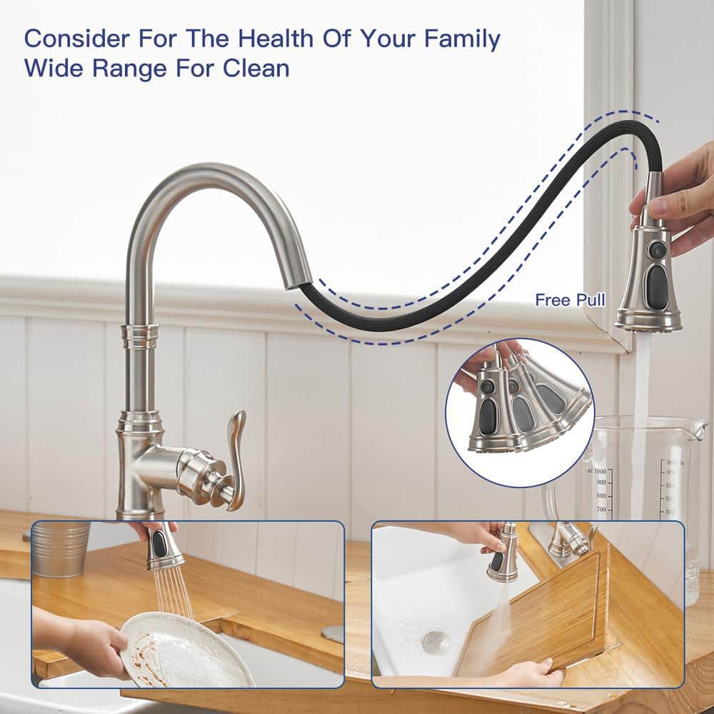 Brushed Nickel Single Handle Pull-Down Kitchen Faucet with Spray