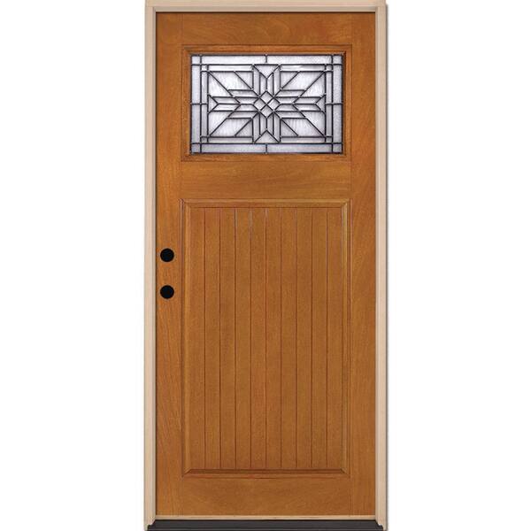 Feather River Doors 37.5 in. x 81.625 in. Brilliant Star Craft 1/4 Lite Stained Honey Mahogany RH Inswing Fiberglass Prehung Front Door