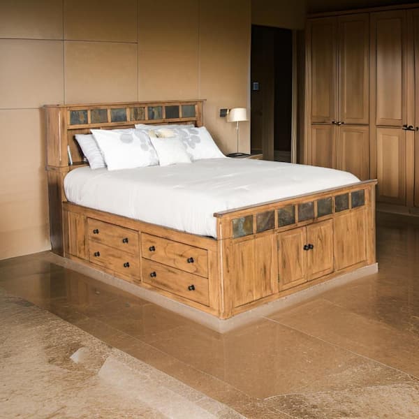 Marv Brown Mindi Wood Frame Queen Platform Bed with Bookcase Headboard