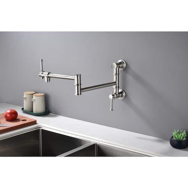 Modern Wall Mount Pot Filler Faucet in Brushed Nickel with 2-Attachment Swing Arm