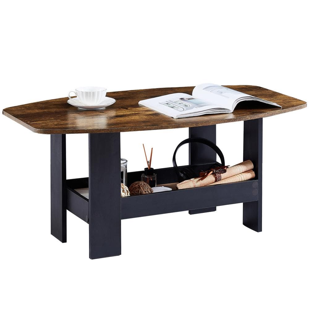 VECELO Coffee Table for Living Room 35.43 in. Rustic Brown Oval Wooden ...