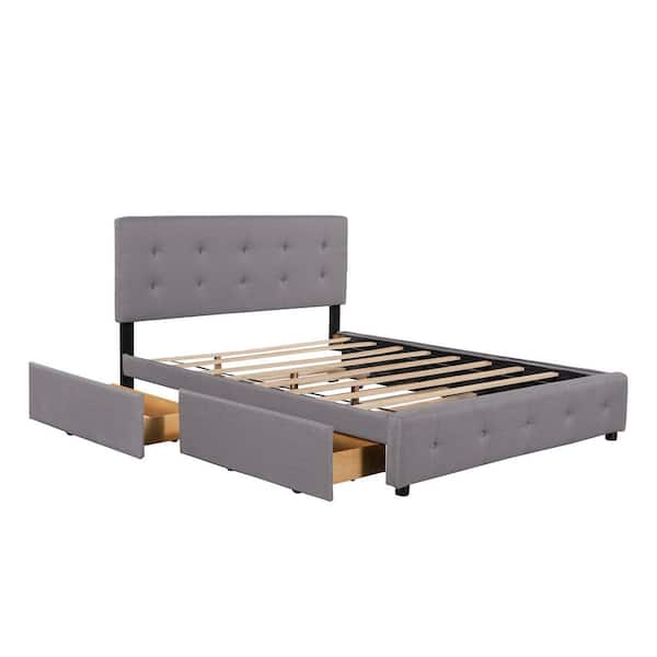 Light Gray Wood Frame Queen Upholstered Platform Bed with 2-Drawers and 1-Twin XL Trundle