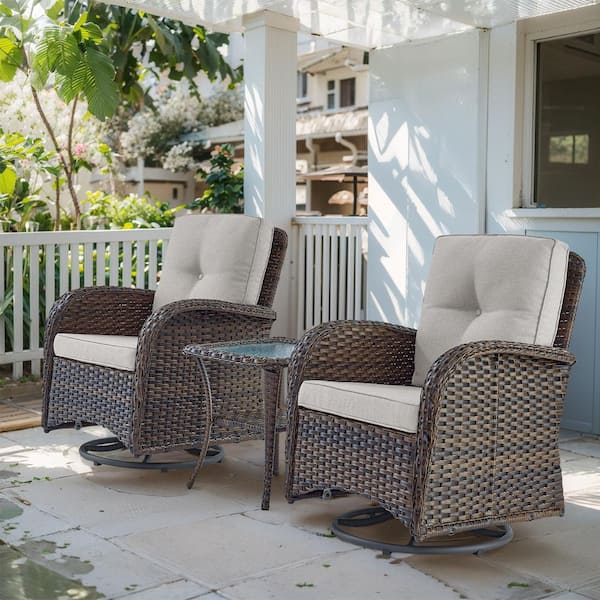 Gymojoy Carlos Brown 3-Piece Wicker Patio Conversation Set with Beige Cushions