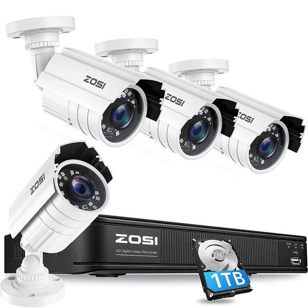  Sistema de cámaras de seguridad ZOSI 1080P H.265+ para el  hogar, 5MP Lite 8 canales de vigilancia DVR con disco duro de 1TB y 4  cámaras domo CCTV a prueba de