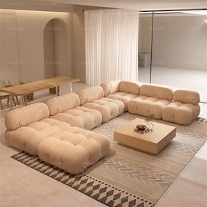 200 in. Flared Arm Teddy Velvet U-shaped 7-Wide Seats Rectangle Sectional Sofa Couch with Ottoman in. Beige