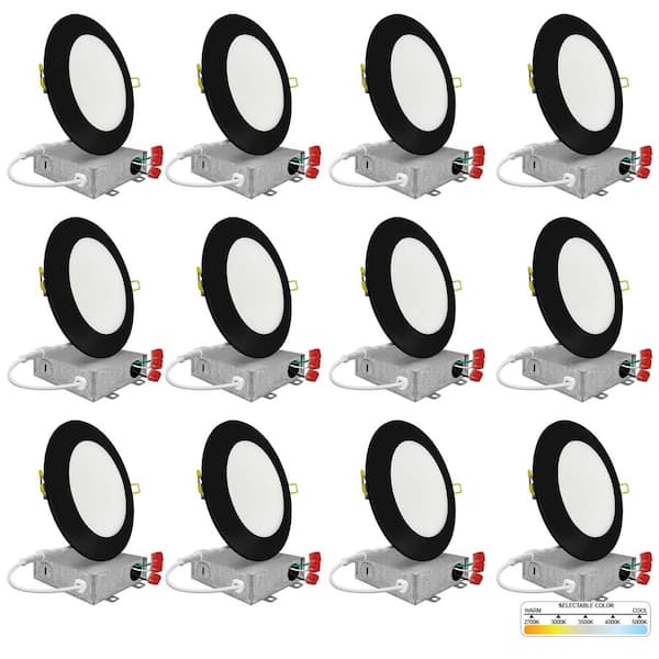 NuWatt 4 in. Black Trim 5CCT 27K-50K Ultra Thin Canless New Construction IC Rated Integrated LED Recessed Lighting Kit 12 Pack
