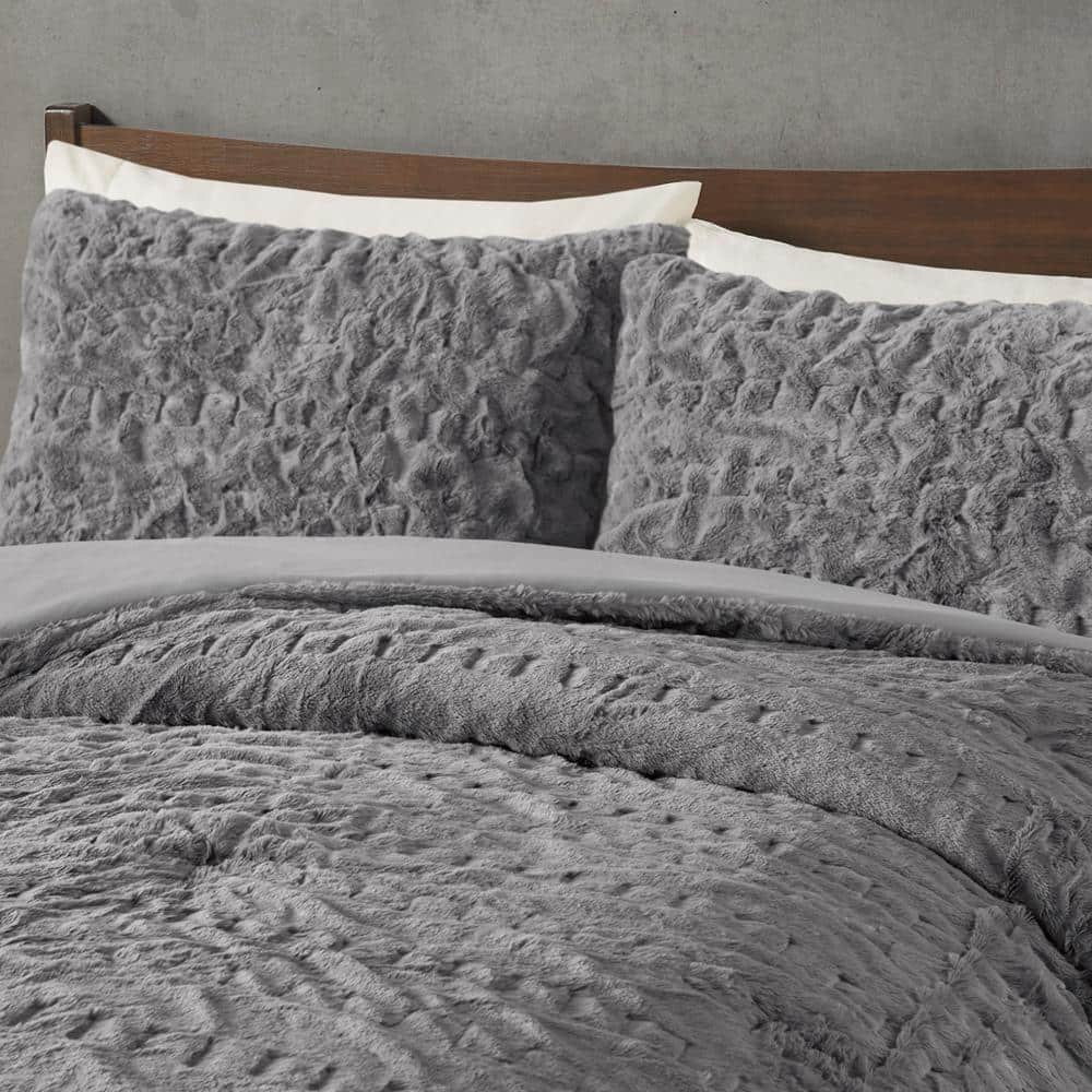 Gray King Ruched Faux Fur Down Alternative Comforter Set