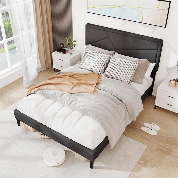 Gray MDF Frame Full Size Platform Bed w/ High Headboard & Wooden Slats No Box Spring Needed