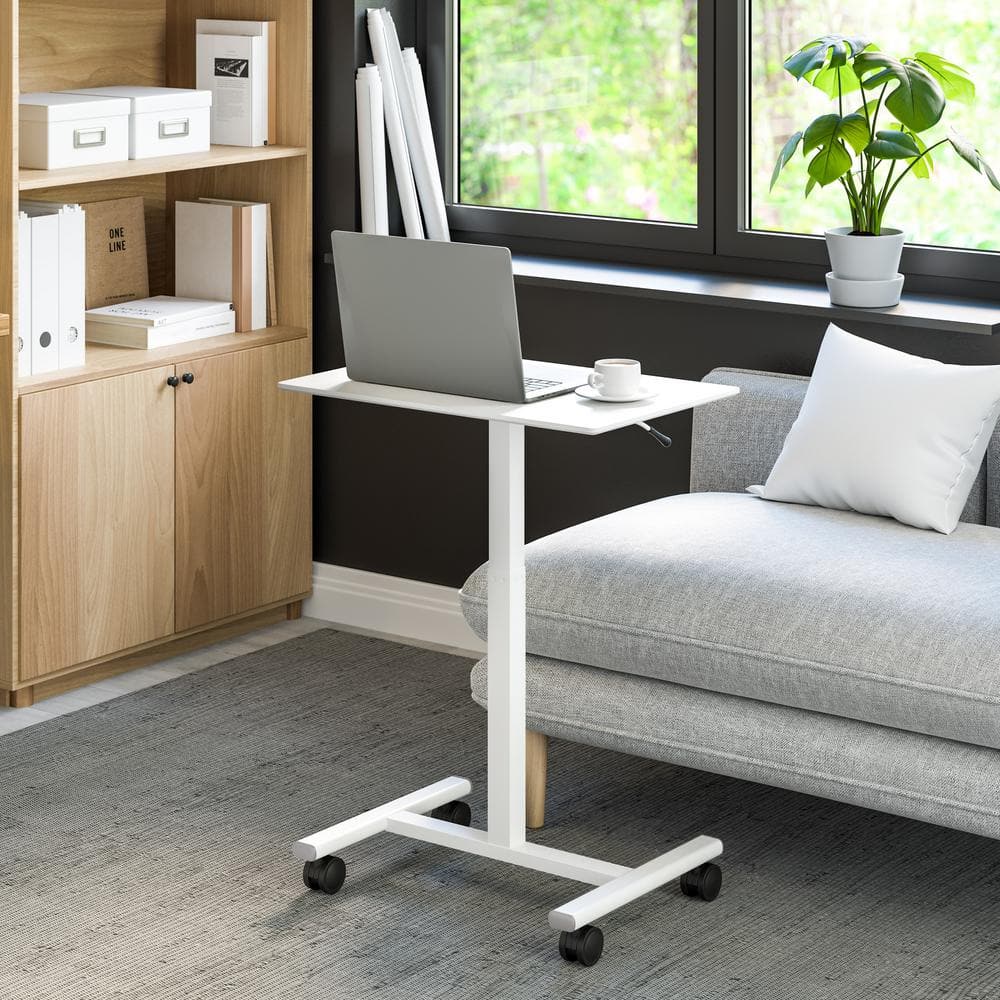 White Adjustable Height Mobile Rolling Laptop Cart Desk