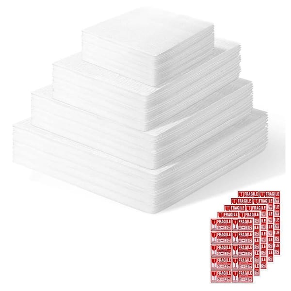 Packing Foam Pouches Kit with Fragile Label, 200 Pieces, 4 Sizes Bubble Wrap, 14x14, 12x12, 12x7.5, 7.5x7.5