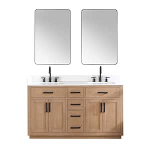 Gavino 60 in. W x 22 in. D x 34 in. H Double Sink Bath Vanity in Light Brown with White Composite Stone Top and Mirror