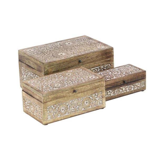 Litton Lane Rectangle Wood Handmade Floral Box with Hinged Lid (Set of 3)  31882 - The Home Depot