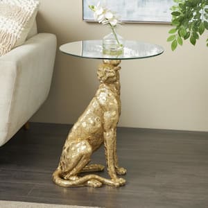 21 in. Gold Sitting Metallic Spotted Leopard Round Glass End Table with Round Glass Tabletop