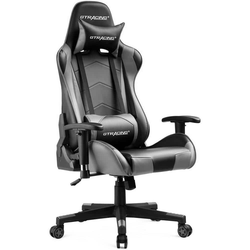 Lucklife Gray Gaming Chair Racing Office Computer Ergonomic Leather Game Chair With Headrest And 