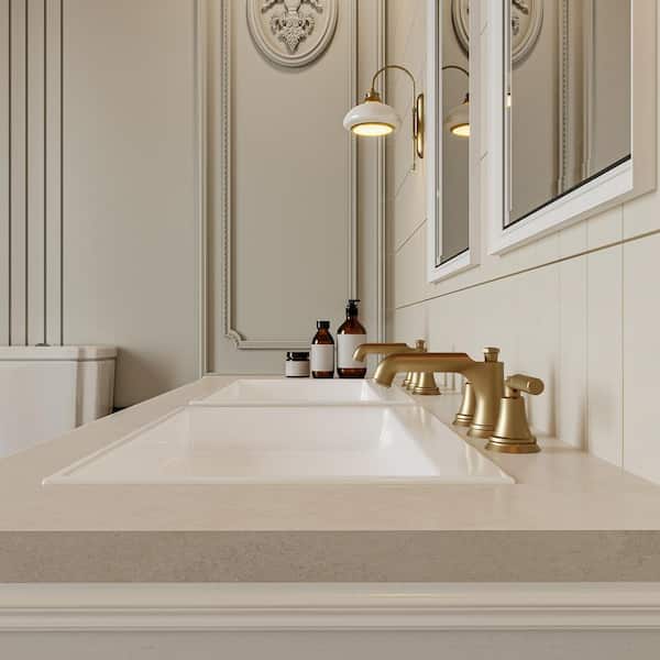 8 in. Widespread Double Handle Low Arc Bathroom Faucet with Drain Kit, Easy to Install, Drip Free in Brushed Gold