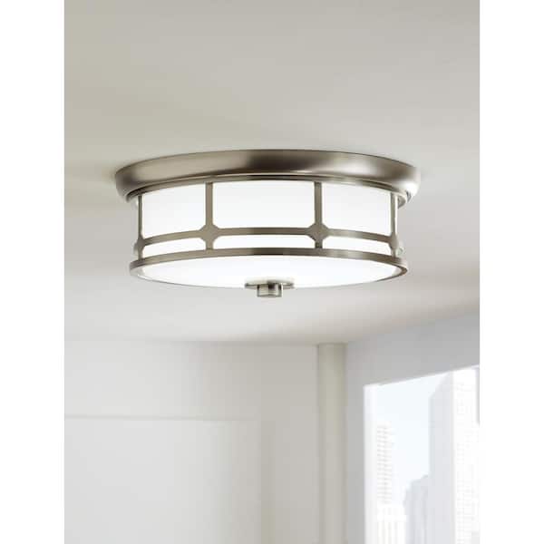 Portland Court 14 in. 1-Light Brushed Nickel LED Flush Mount Ceiling Light with Etched White Glass