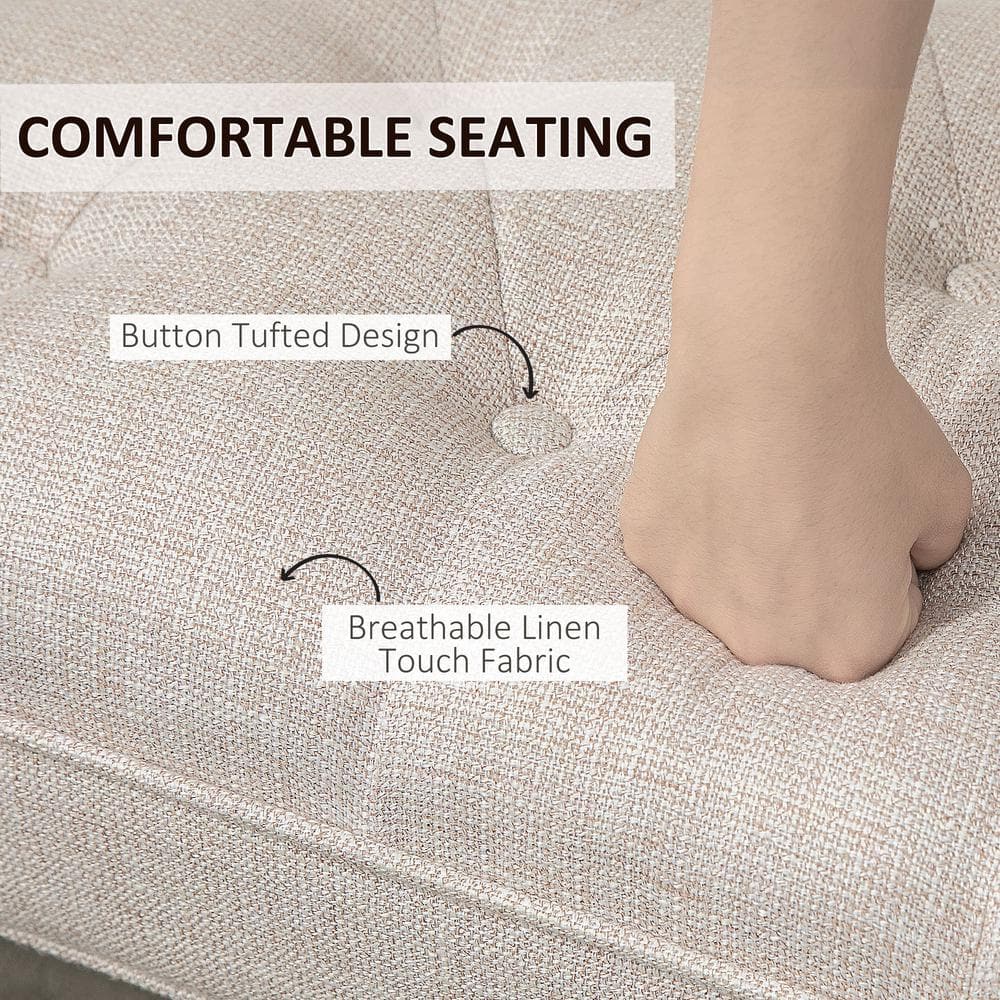 Beige Upholstered Bench with Flared Arms and Wood Legs
