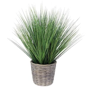 24 in. Green Artificial Grass in Gray Willow Basket