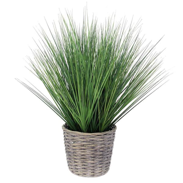 24 in. Green Artificial Grass in Gray Willow Basket
