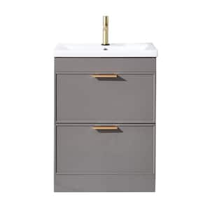 24 in. W x 16 in. D x 32 in. H Minimalist Bathroom Vanity in Gray with Single White Ceramic Top Sink