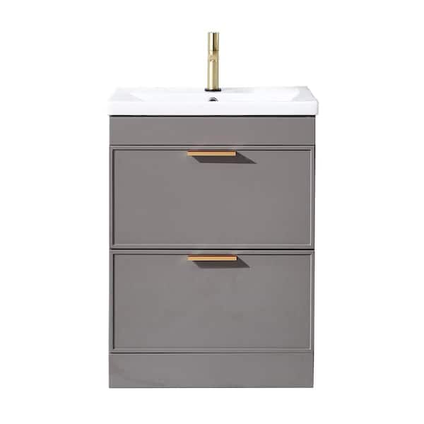 Comllen 24 in. W x 16 in. D x 32 in. H Minimalist Bathroom Vanity in Gray with Single White Ceramic Top Sink
