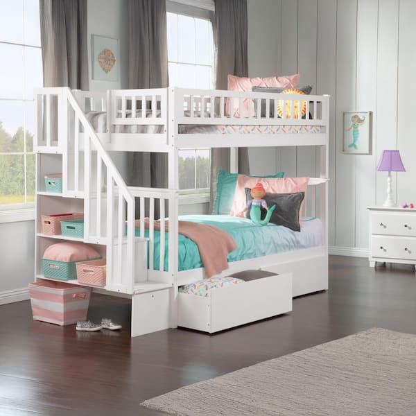 AFI Woodland Staircase Bunk Bed Twin over Twin with 2 Urban Bed Drawers in White