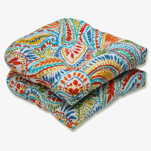 Pillow Perfect Paisley 19 in. x 19 in. 2-Piece Outdoor Dining Chair Cushion Blue/Multi Ummi