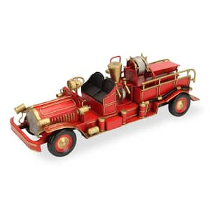 Metal Red and Gold Hand Painted Early 20th Century Red Fire Engine Car Model Sculpture