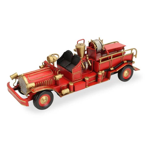 HomeRoots Metal Red and Gold Hand Painted Early 20th Century Red Fire Engine Car Model Sculpture