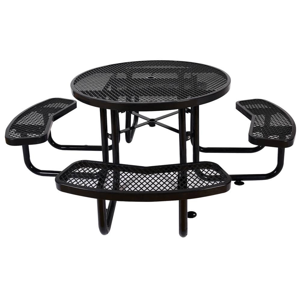 Modern 46 in. Black Round Circular Solid Wood Picnic Table Seats 8 People w