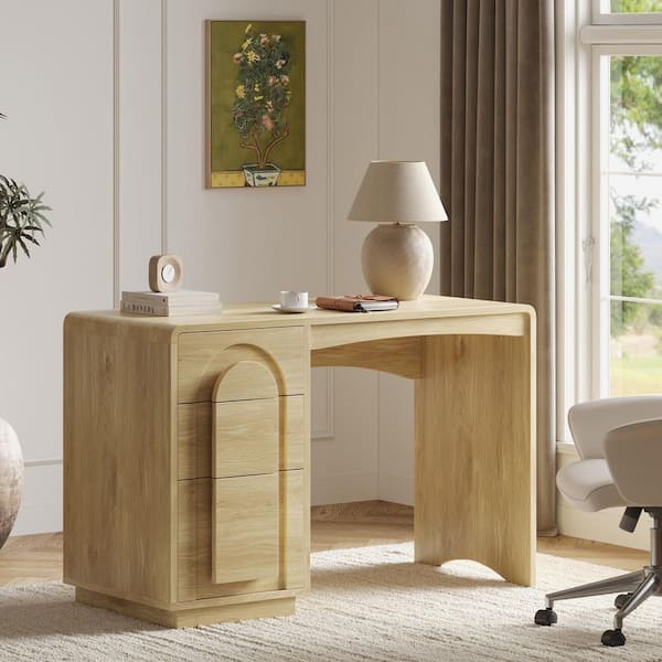 47 in. Natural Oak Writing Desk with Arched Accents, 3-Drawer Office Desk with File Storage and Curved Waterfall Edge