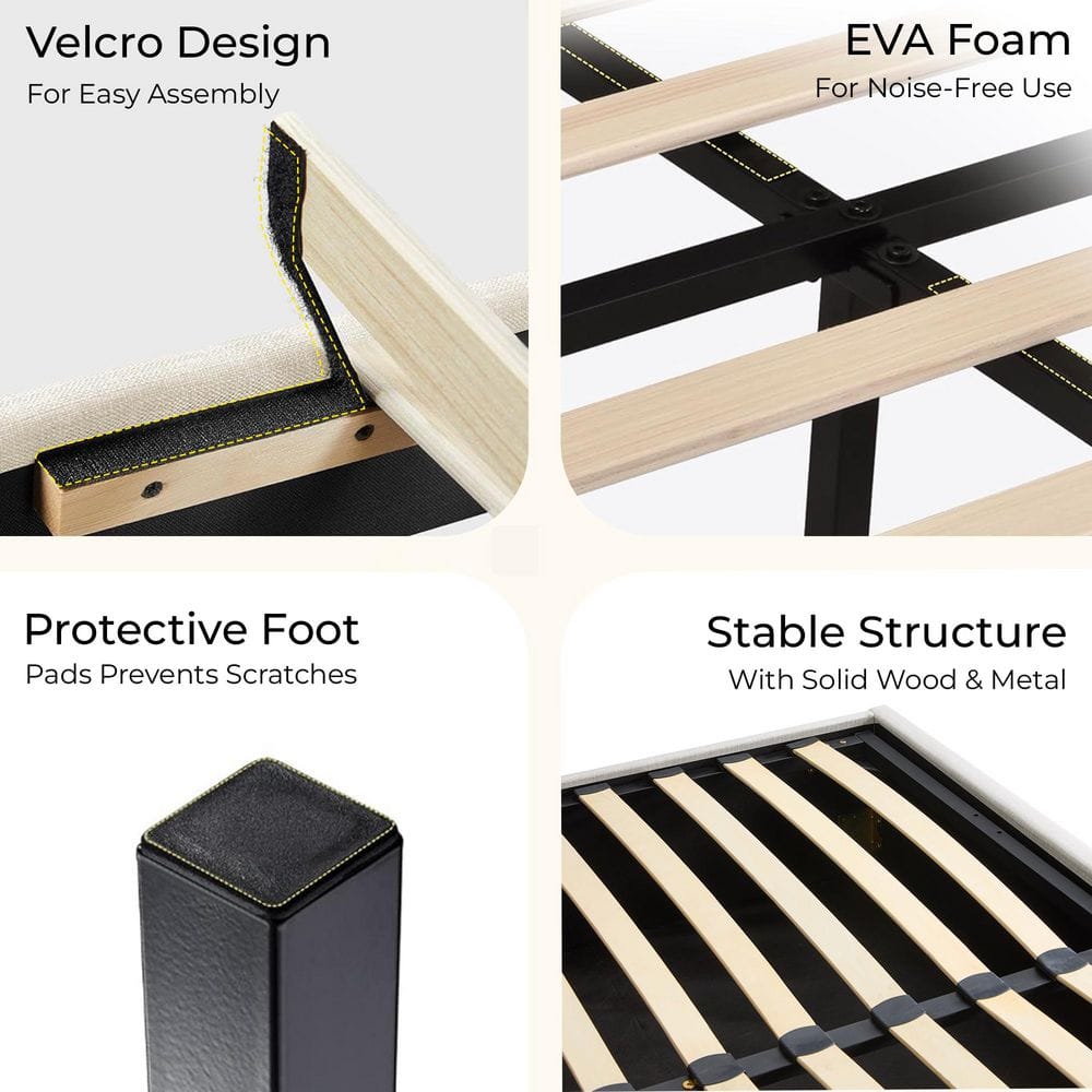 Collage of technical details including Velcro design, EVA foam, protective feet, and stable structure.