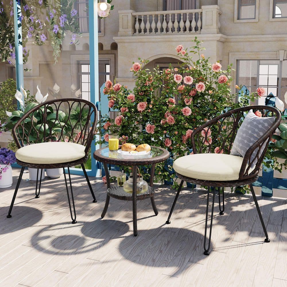 3-Pieces Brown Wicker Patio Conversation Set with Beige Cushions and 1 Glass Round Table price history on PriceWatchPro