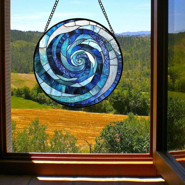Blue Abstract Swirl Stained Glass Art Glass Window HDFH1ZSRTR