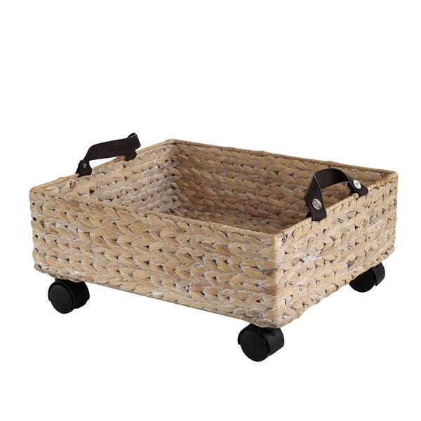 Adaline 5-Gal. Classic Farmhouse Handwoven Hyacinth Rectangular White Wash Underbed Storage Bin w/ Wheels and Handles