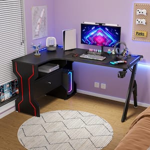 55.1 in. W Black L-Shaped Wood Computer Gaming Desk Office Desk, with RGB LED Light, Drawer, Open Shelf, Cup Holder