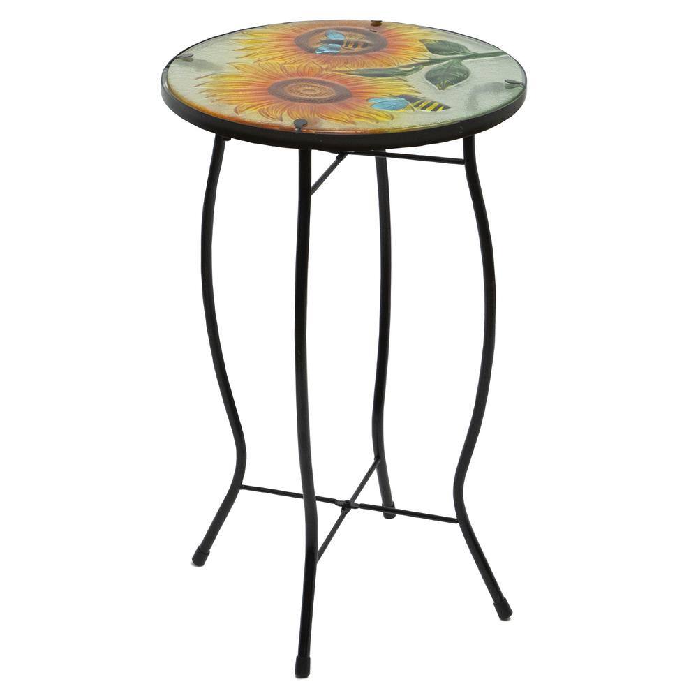 19-inch sunflower and bumblebee glass patio side table