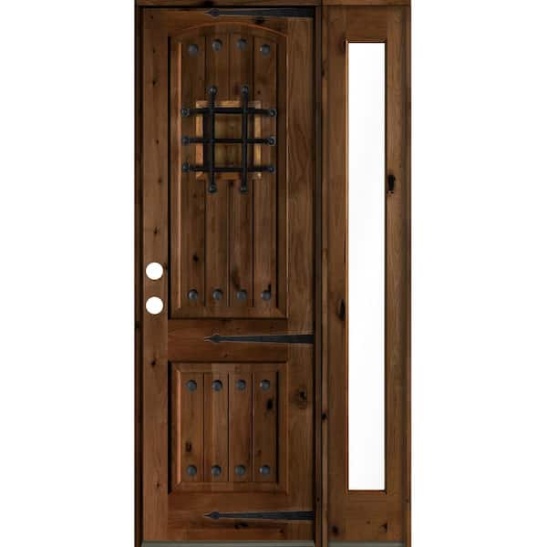 44 in. x 96 in. Medit. Knotty Alder Right-Hand/Inswing Clear Glass Provincial Stain Wood Prehung Front Door w/RFSL