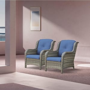 ArcoBay Metal and Gray Wicker Outdoor Lounge Chair with Olefin Blue Cushions (2-Pack)